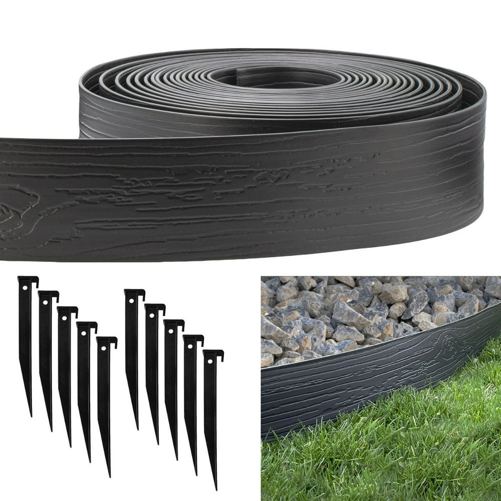 Decorative Wood Grain 4in. x 40ft. Landscape Lawn Edging Coil Kit with 10 Pack of Stakes