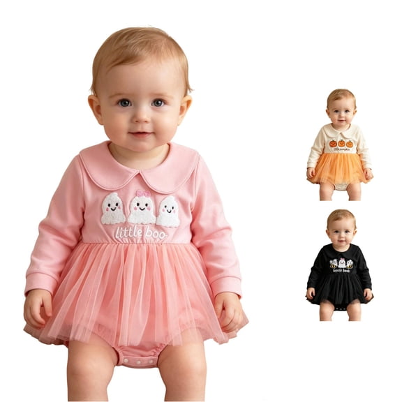 WhouRiu Baby Girls Halloween Graphic Rompers Long Sleeve Flat Collar Bodysuit With Mesh Hem Kids Comfortable Breathable Cute Jumpsuit,0-3 Months