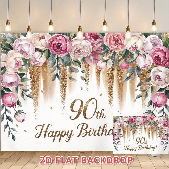 Floral 90th Birthday Backdrop, Elegant Gold Glitter Flower Banner for Adult 90th Birthday Party Decorations, Photo Booth Background for Birthday Celebration Supplies
