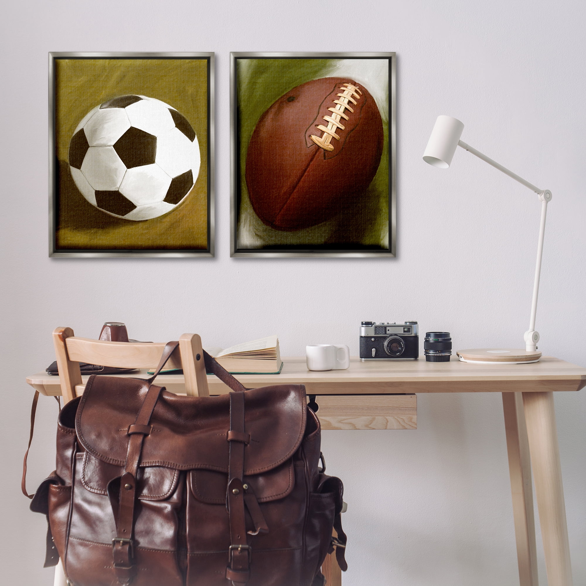 Stupell Industries Soccer & Football Traditional Sports Painting Gray Floater Framed Canvas Art Print Wall Art, 31 x 25, Set of 2