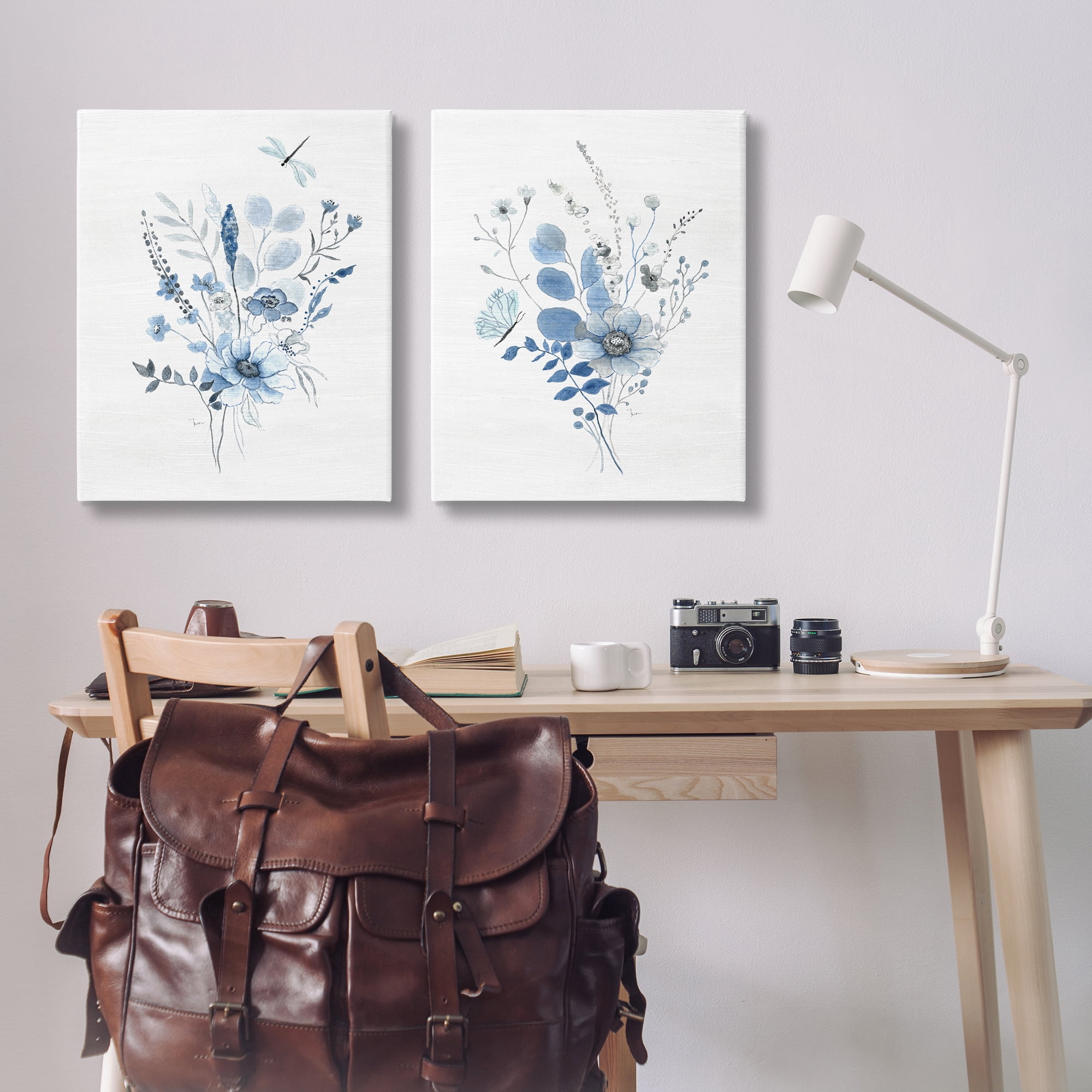 Stupell Industries Blue Dragonfly Flower Plants & Flowers Painting Wrapped Canvas Art Print Wall Art, 24 x 30, Set of 2