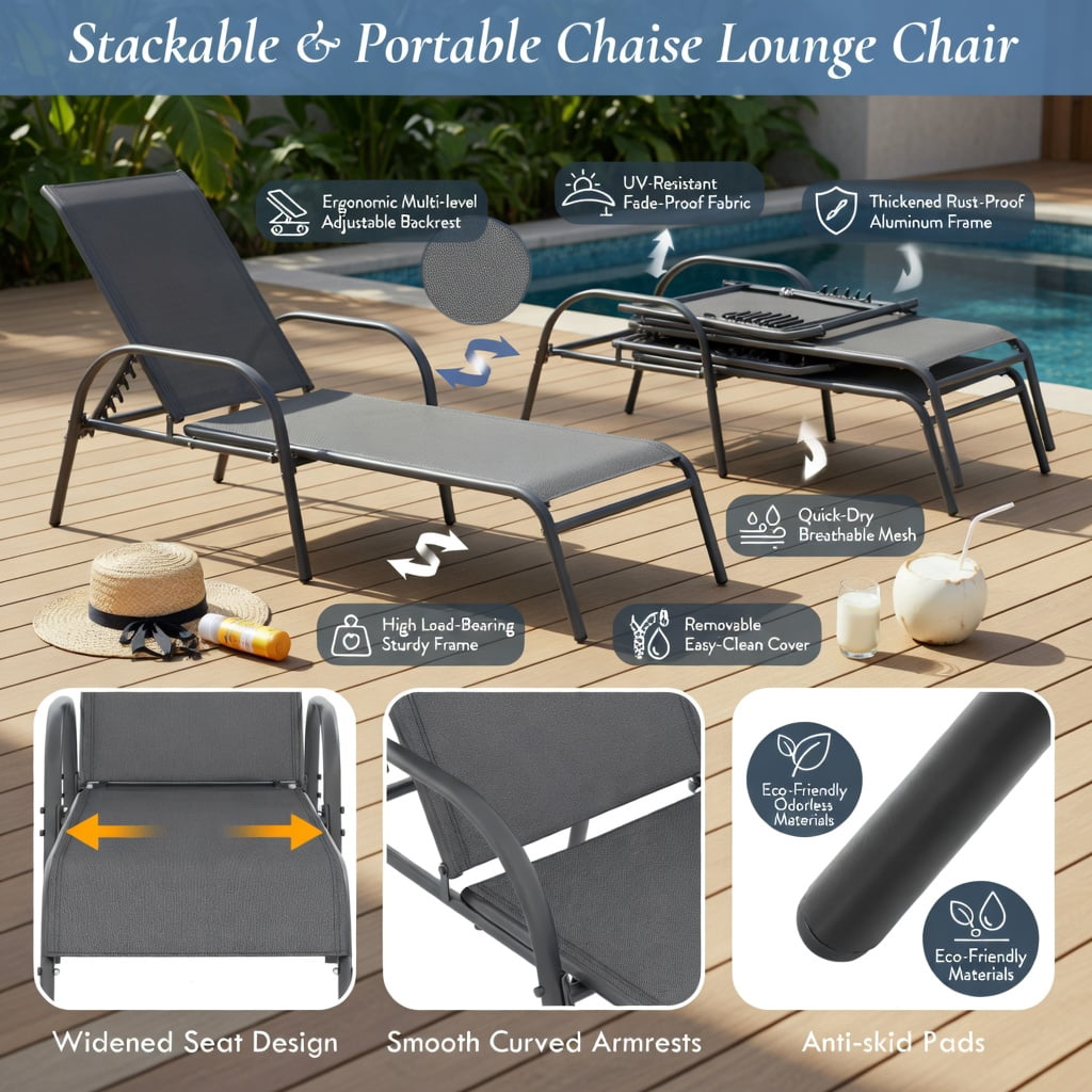 Hommoo 2-Pack Adjustable Outdoor Chaise Lounge Chairs Patio Recliners with 5-Position Backrest & Powder-Coated Steel Frame, Dark Gray