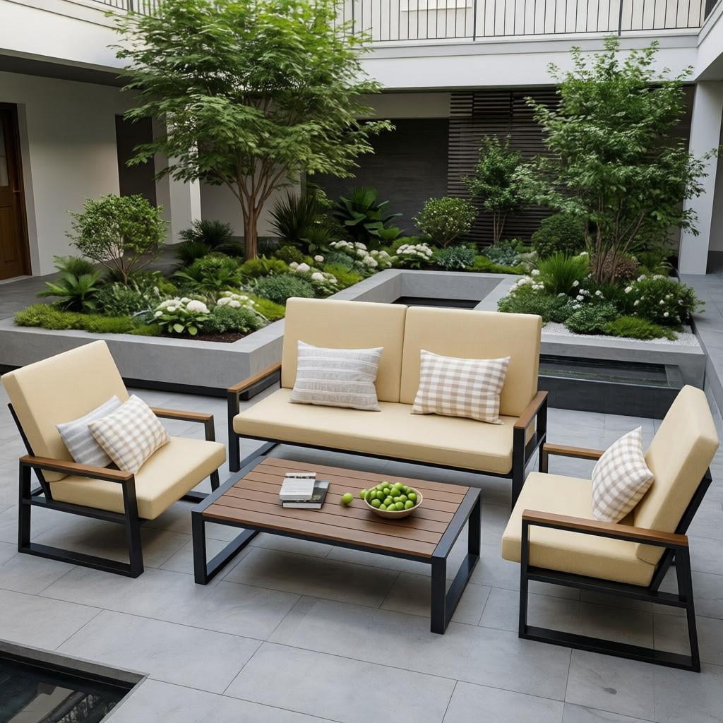 Aiho 4 Pieces Patio Furniture Set, All-Weather Outdoor Conversation Set with Coffee Table & Removable Cushions, Perfect for Patio, Garden, Yard, Beige