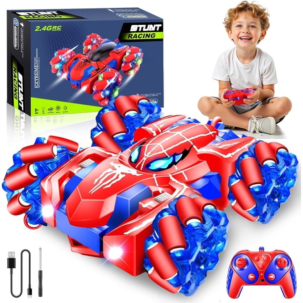 Spider Coche de Control Remoto,Doble Cara Giratoria de 360° 2.4GHz 4WD Recargable Todoterreno RC Acrobacias con Luces Frías,Juguete Exterior y Interior,Regalo Cumpleaños Navidad para Niños