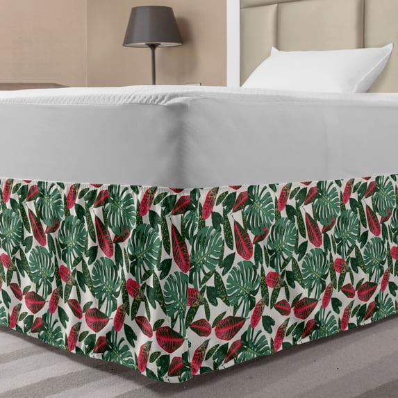 Exotic Bed Skirt, Leaves in Various Shapes and Shades, Elastic Bedskirt Dust Ruffle Wrap Around for Bedding Decor, 4 Sizes, Reseda Green Dark Pink, by Ambesonne