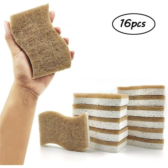 Biodegradable Natural Kitchen Sponge – 16-Pack Compostable Cellulose & Coconut Walnut Scrubber Sponges