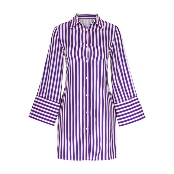 Zkozptok Womens Button Down Shirt Dresses Striped Flared Long Sleeve Lapel Tops Spring Summer Clothes Trendy Dress