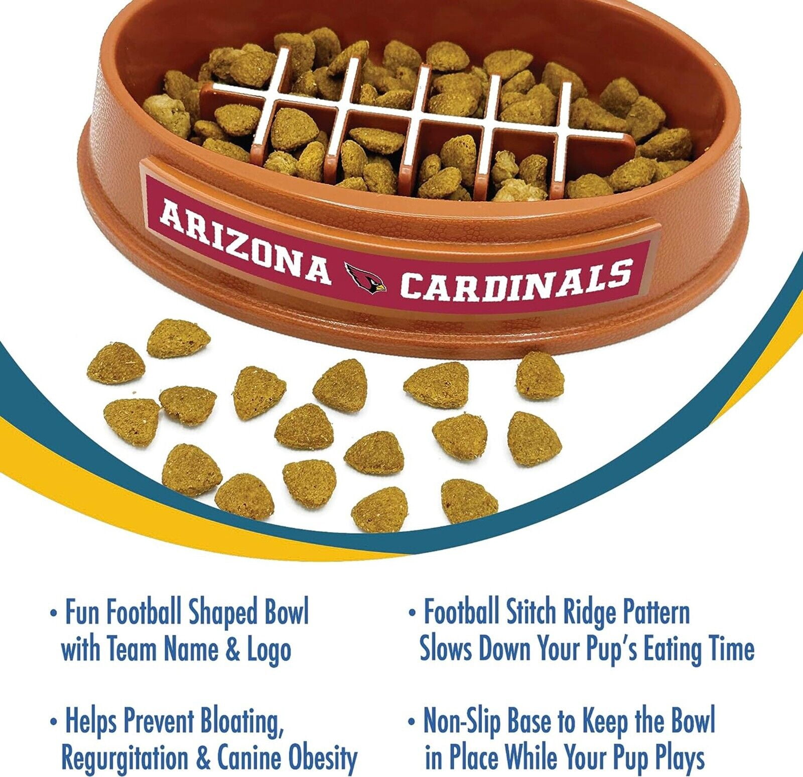 Pets First NFL Arizona Cardinals Super-Bowl Slow Feeder Bowl for Dogs and Cats, Football Design for Healthy Digestion, Non-Slip, for Large & Small Pet