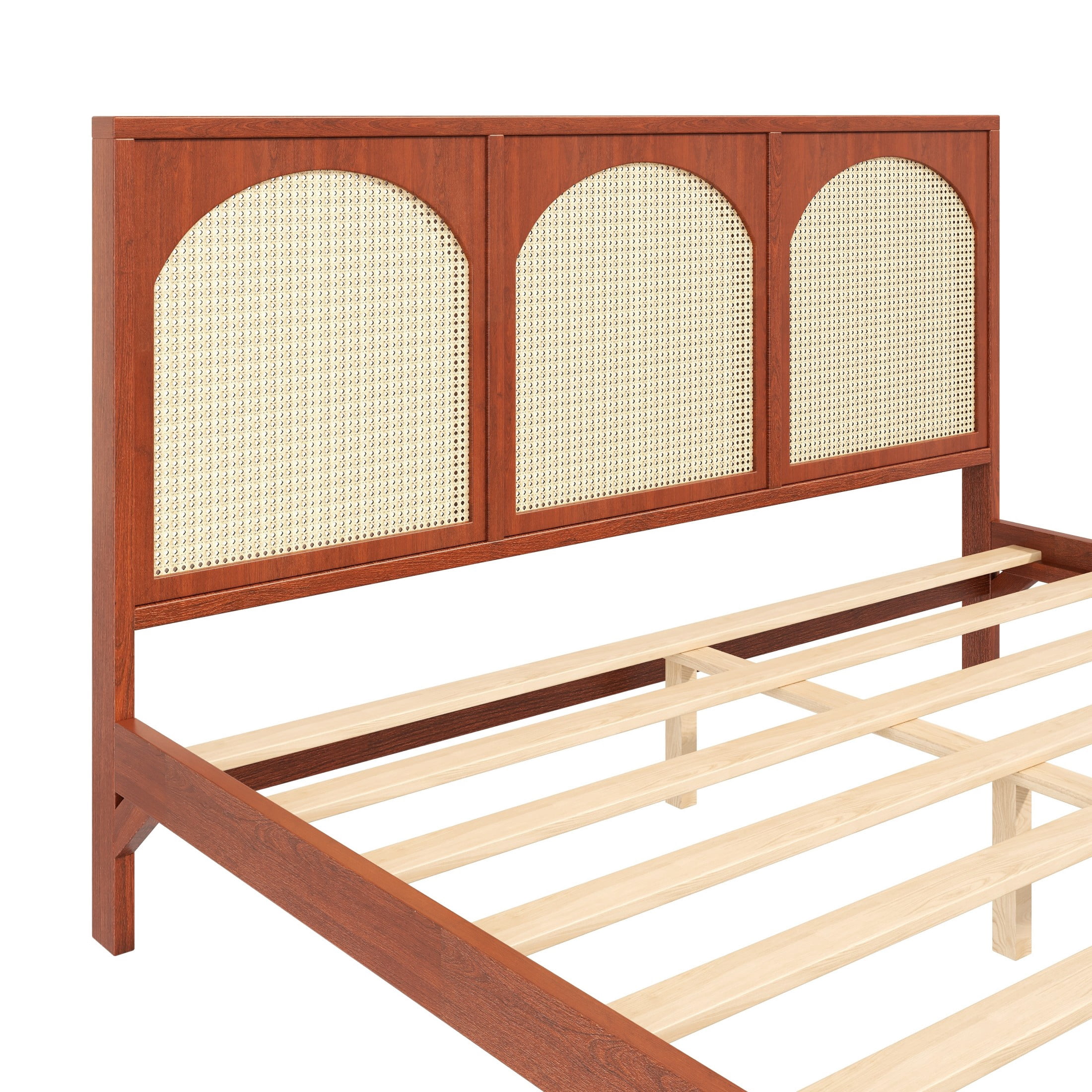 Alvantor King Size Wood Bed Frame with Rattan Headboard & Footboard, Walnut+Beige