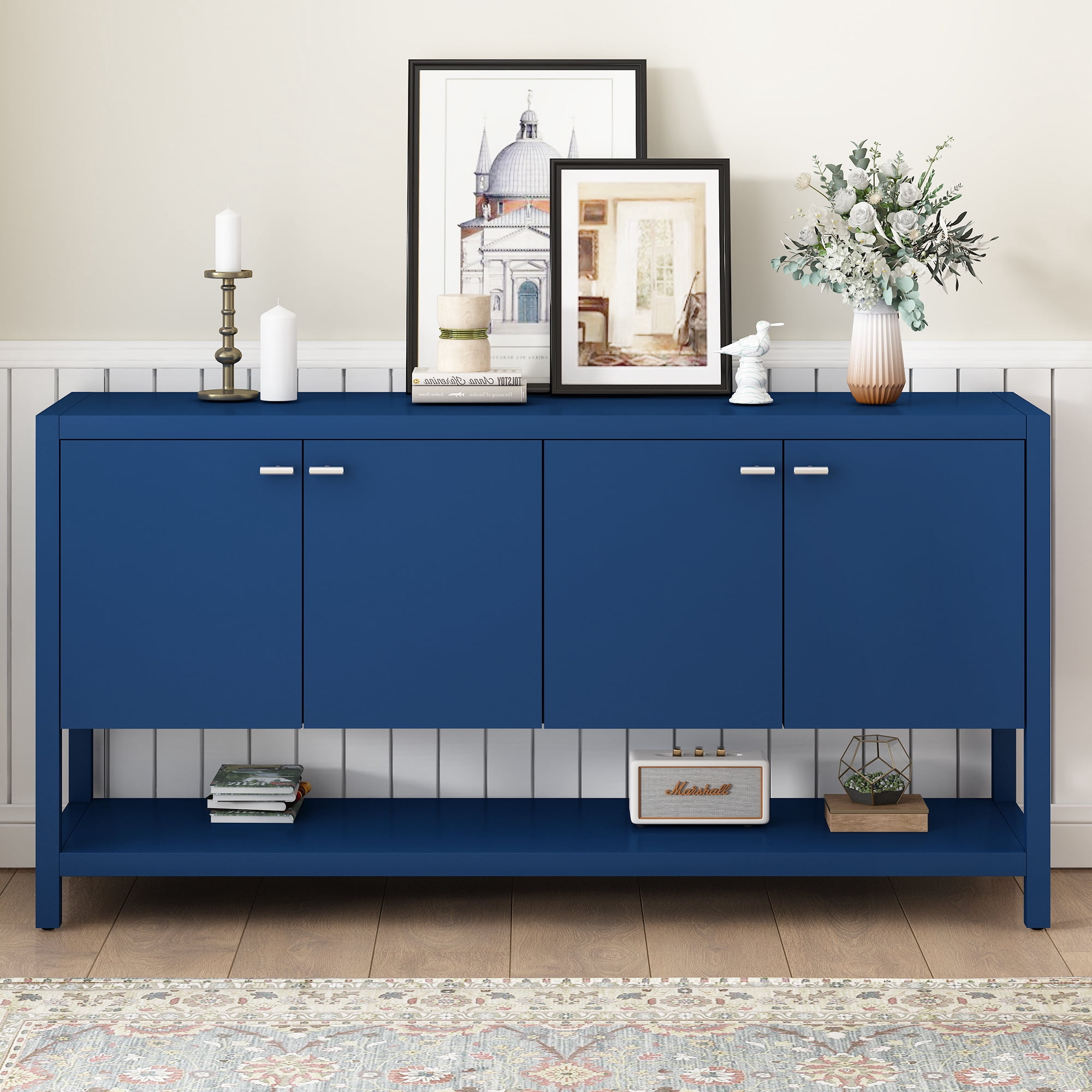 EUROCO 59.6" Long Console Table,Narrow Wood Sofa Table with 4 Doors,Wood Frame and Open Storage Shelf,Entryway Table for Living Room, Hallway, Foyer, Bedroom,Navy Blue