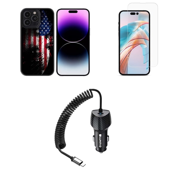 Bemz Phone Case for iPhone 15 Pro Max Bundle with Shockproof Anti-Scratch UV Print Protection TPU Cover, Glass Screen Protector, 40W Car Charger (USB-C Port) - 5 Foot (American Flag Eagle)