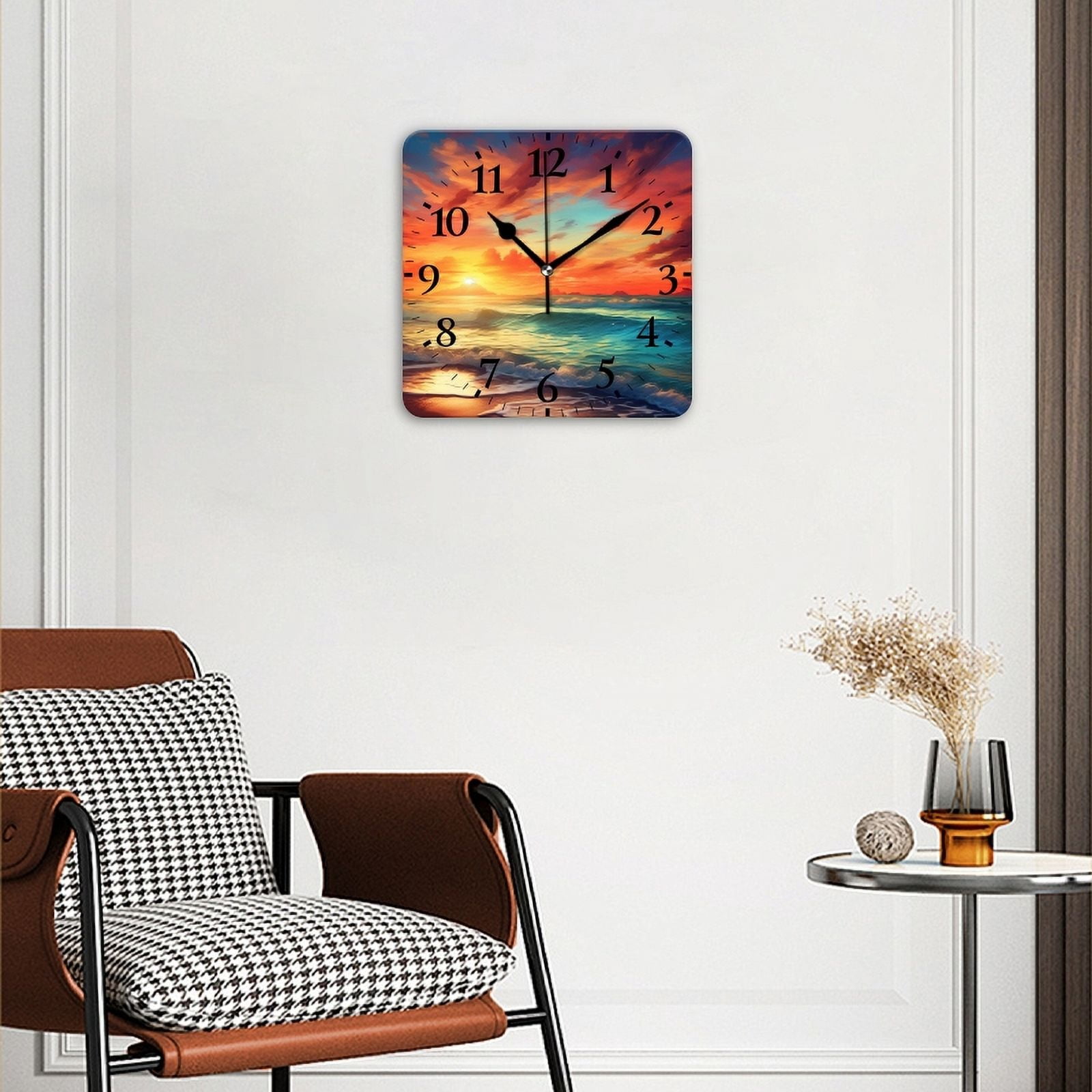 Square Wall Clock,The Sunset On The Beach With Colorful Clouds In The Sky,Silent Non-Ticking Wall Clock Decor for Home Office Kitchen Living Room Bedroom(14inch)