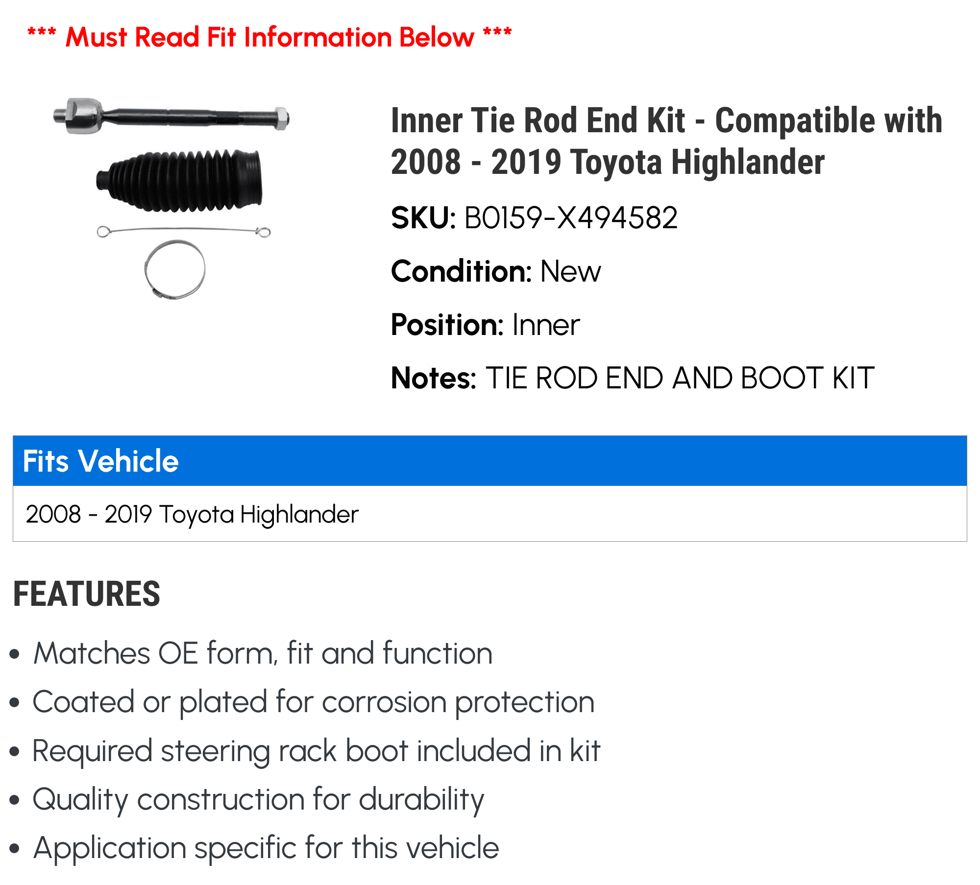 Inner Tie Rod End Kit - Compatible with 2008 - 2019 Toyota Highlander - Beck Arnley