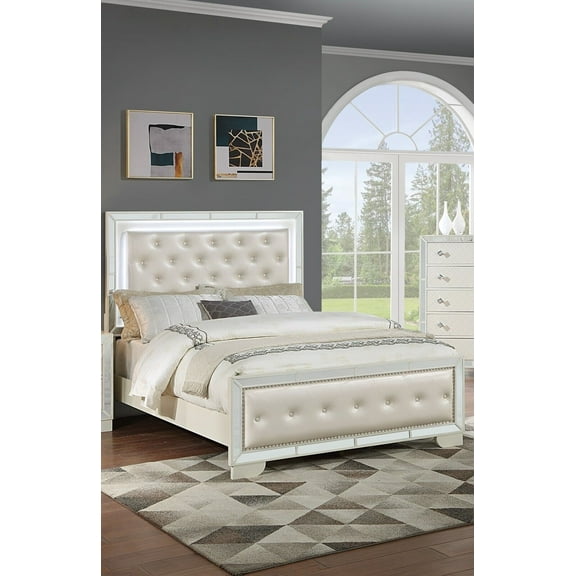 Cream Faux Leather 1pc King Size Bed W LED Tufted Headboard Footboard Master Bedroom Furniture
