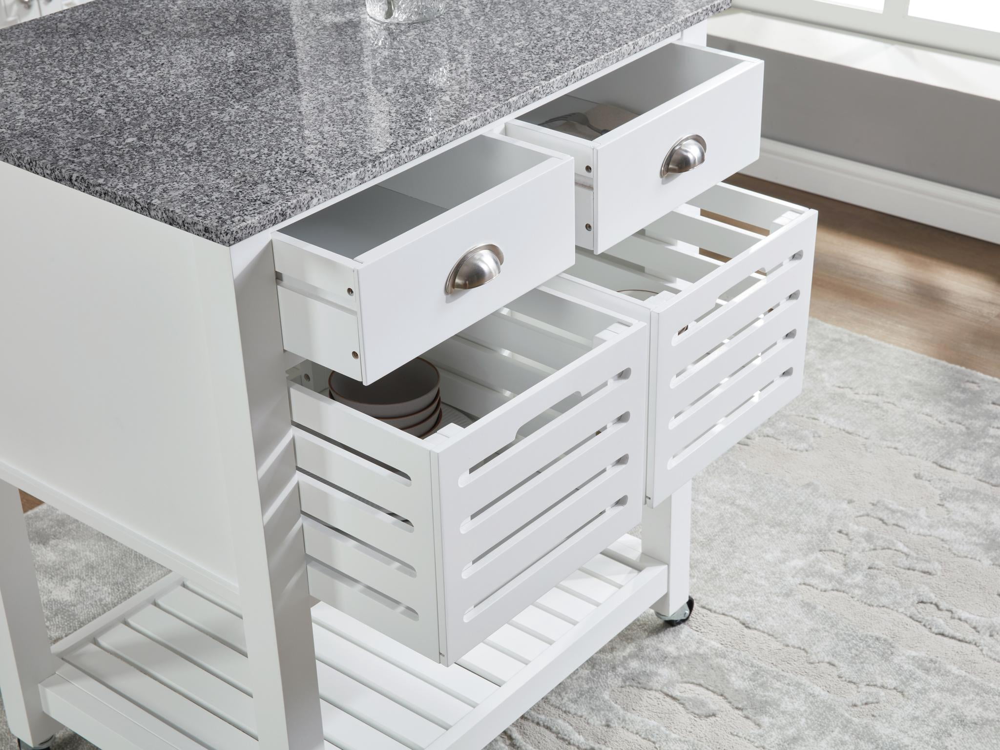 Rolling Kitchen Island Serving Cart with Underneath Drawer & Slide-Out Wire Storage Basket