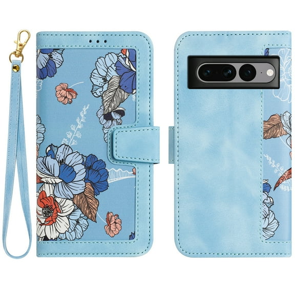 JiaheCover for Google Pixel 8 Pro, Crossbody Multi-Function Wallet Case,Rugged Magnetic Shockproof Flower Pattern Shoulder Strap,Card Holder Stand Full Body Protection Case, blue