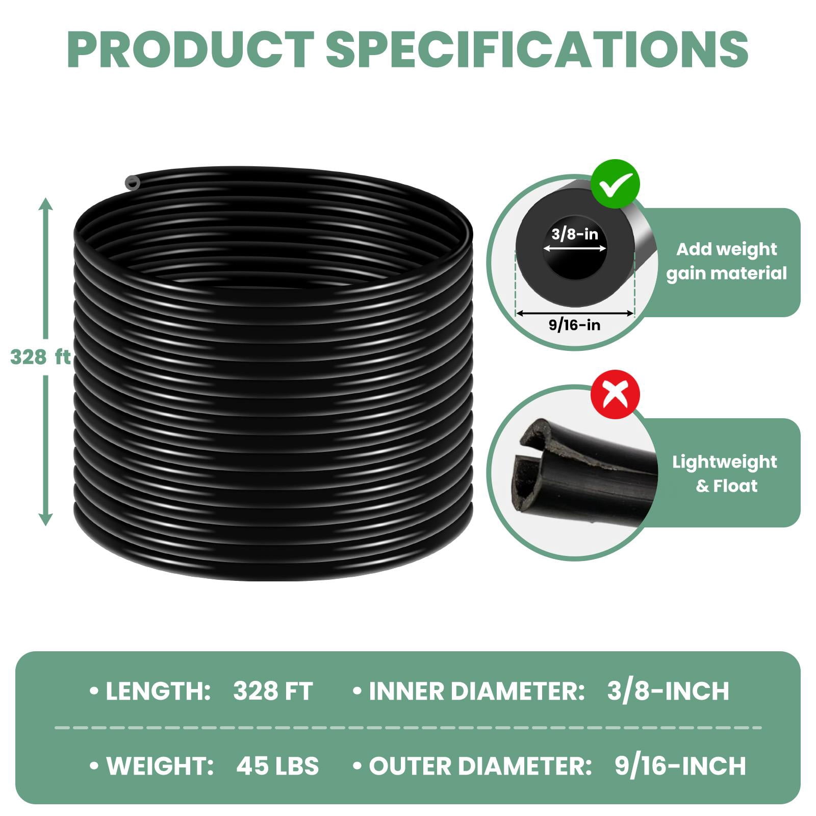 328 FT Self Sinking Pond Air Hose, Weighted PVC Tubing 3/8" ID, 45 lbs, -120°F to 175°F, with Brass Fittings for Aeration