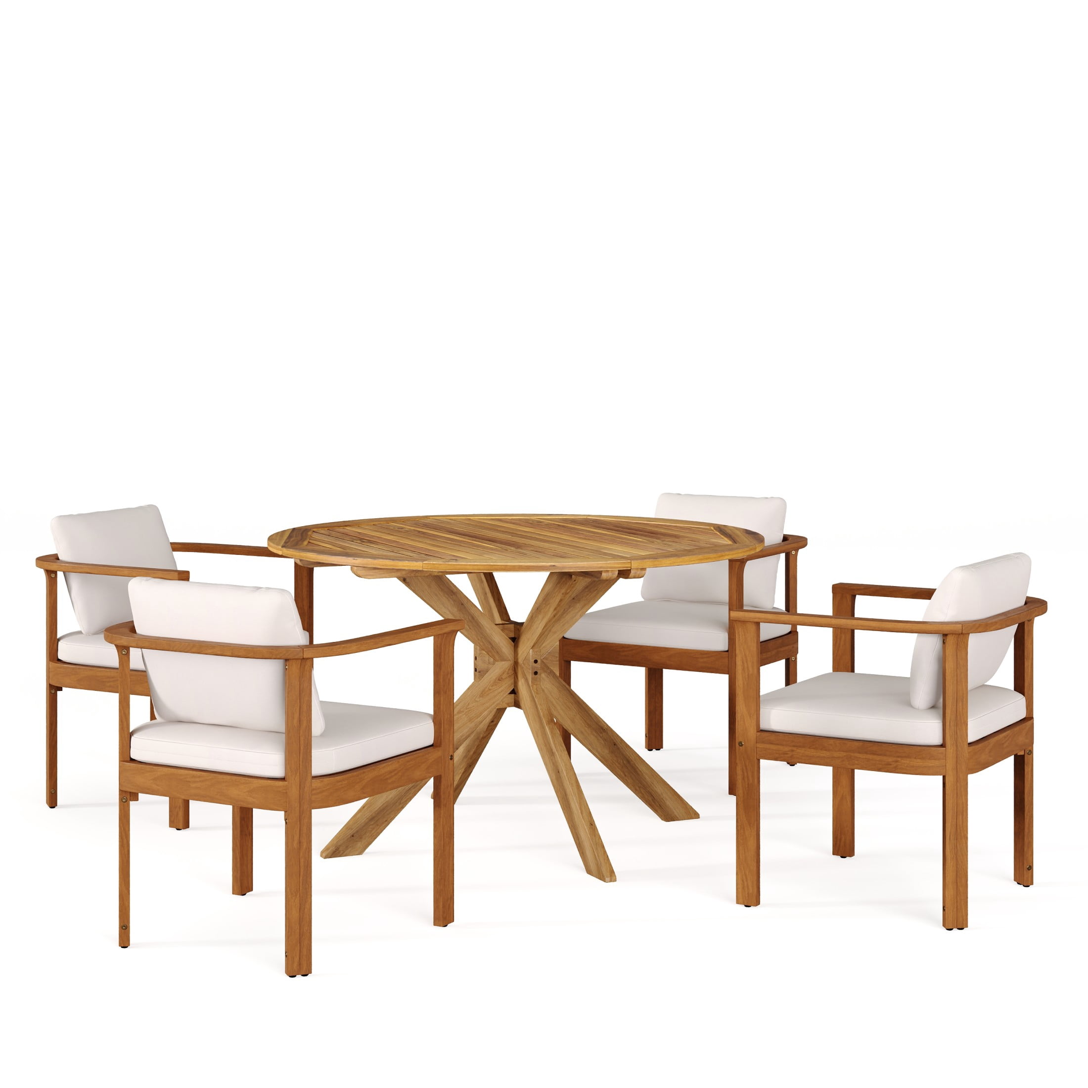 Christopher Knight Home 5-Piece Teak Rustic Outdoor Round Dining Table with Chairs, Cream Cushions