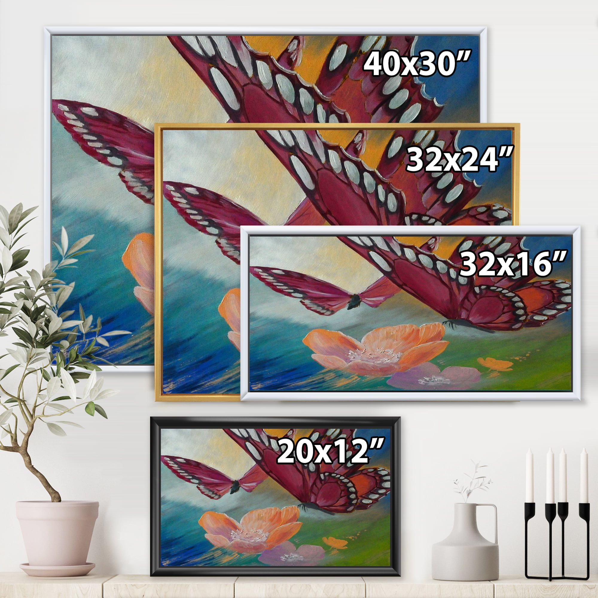 Designart 'Butterflies On Pink Flowers' Traditional Framed Canvas Wall Art Print