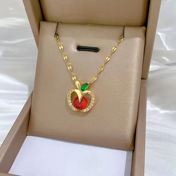 Luxury Apple Pendant Necklace with Synthetic Zirconia Sweater Chain Collarbone Jewelry for Women