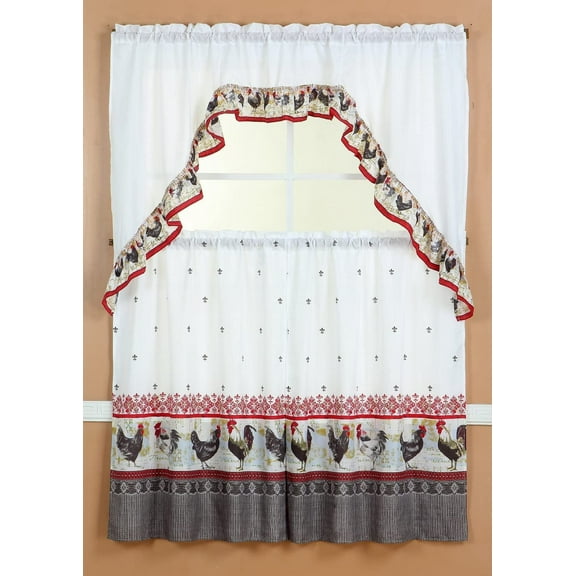 Diamond Home Rooster Printed Kitchen Tiers Set Rod Pocket Curtains,30” x 36” (3 Panels)
