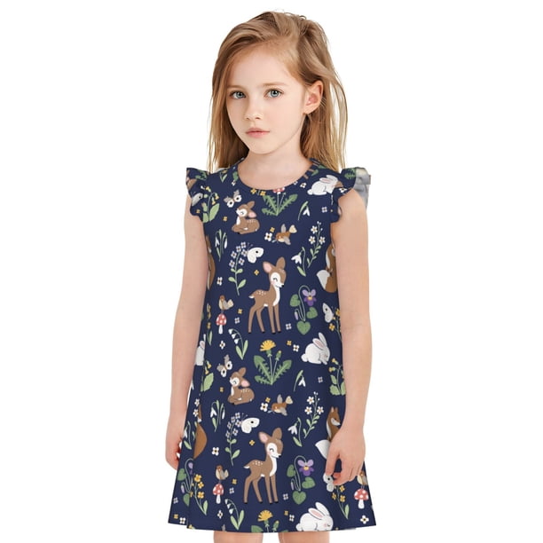 Fotbe Animals And Wildflowers Vestido de Dormir para Niñas de 3 a 10 Años, Mangas Cortas, Estilo Princesa, Pijama Camisón con Mangas Voladas-Medium