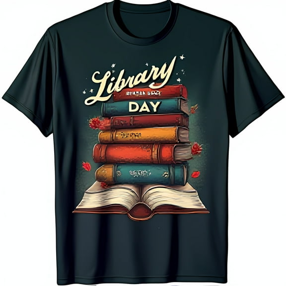 Vintage Library Day T-Shirt Stack of & Decorative Design Dark Blue