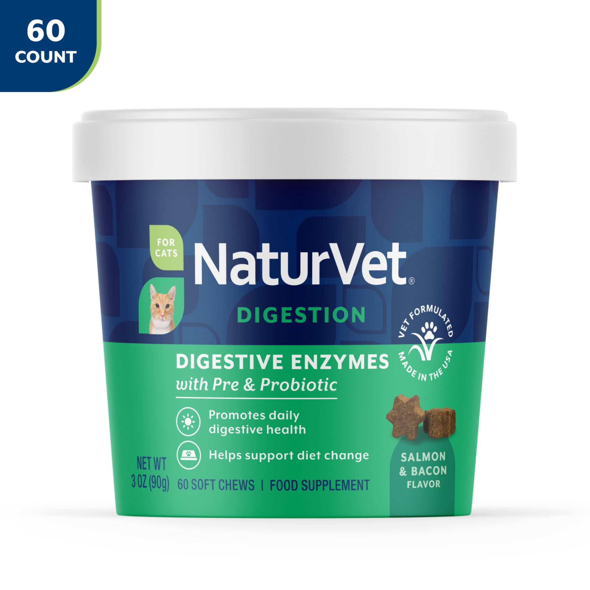 NaturVet Digestive Enzymes Supplements for Cats, Salmon and Bacon Flavor Soft Chews, 60 Count