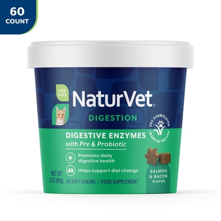 NaturVet Digestive Enzymes Supplements for Cats, Salmon and Bacon Flavor Soft Chews, 60 Count