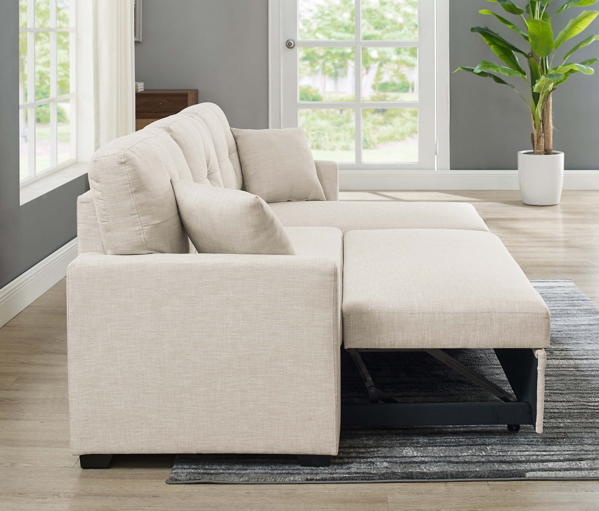 DEALTOPS L-Shaped Sectional Sofa Bed with Reversible Storage Chaise, Pull-Out Sleeper Couch for Living Room, Almond