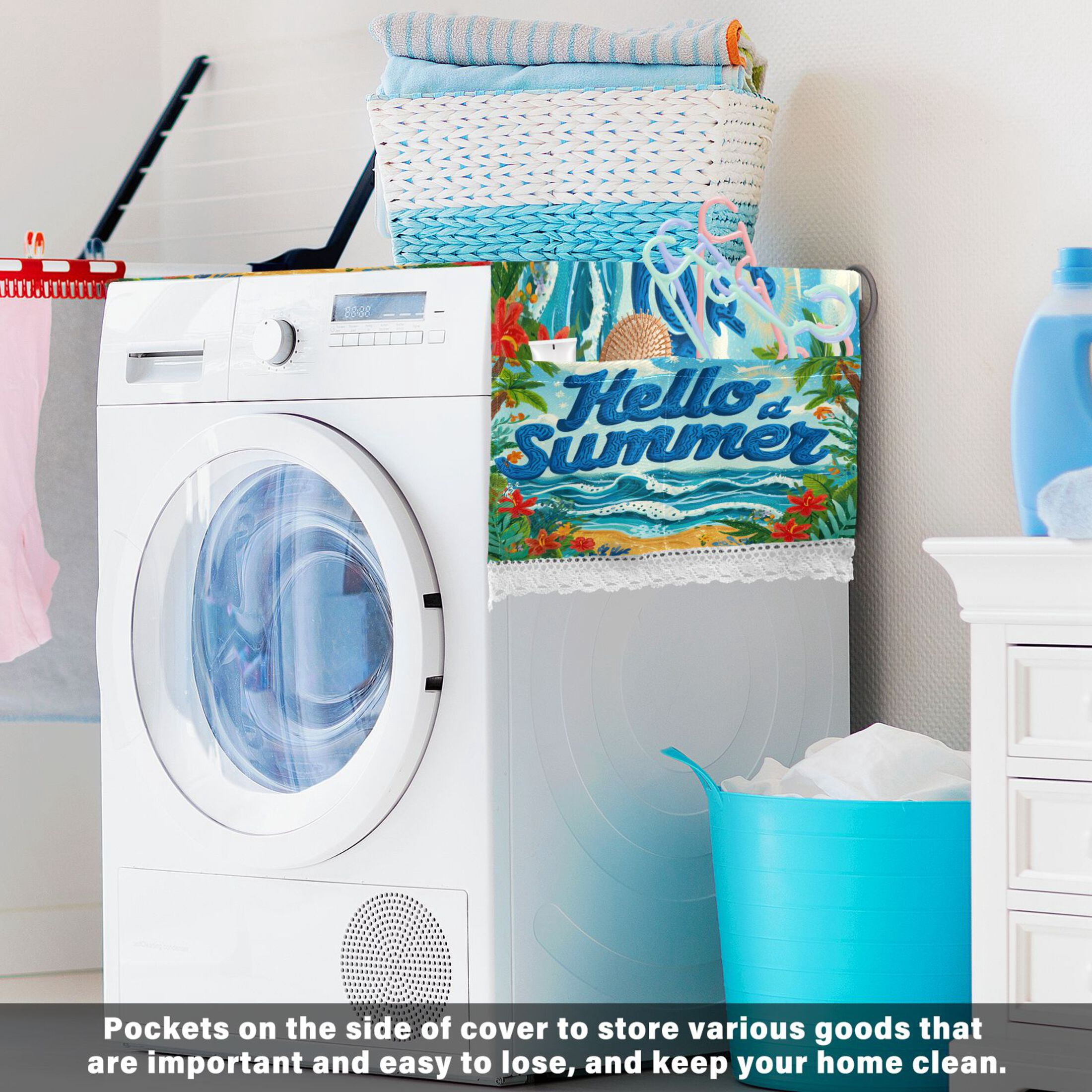 Wobogo Tropical Summer Waves Washing Machine Cover Dustproof Washer Dryer Cover Waterproof Laundry Room Decorative Protector