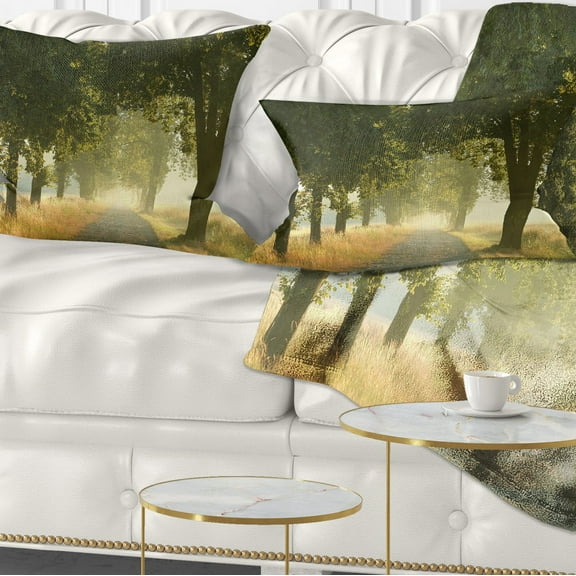 Designart Rural Road Under Big Green Trees - Landscape Photography Throw Pillow - 12x20