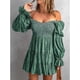 thumbnail image 2 of Vestido de línea con hombros descubiertos, cuello en V, manga larga, cintura, vestido estampado plisado adelgazante para mujer, verde S, 2 of 6
