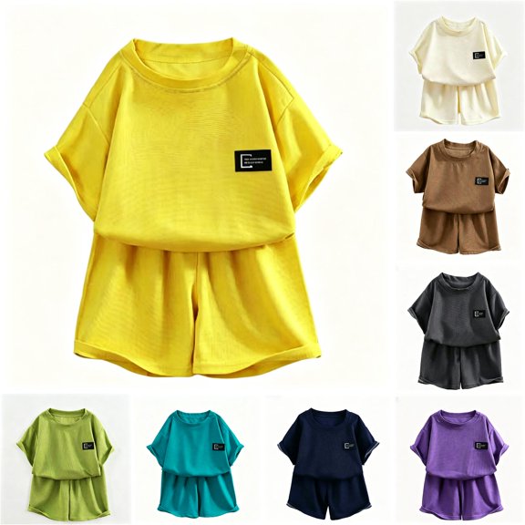 YMNXA Toddler Kids Girls Boys Summer Two Piece Outfit Short Sleeve Round Neck Top And Shorts Fashion Breathable Sets For Casual Daily Wear,Yellow,7-8 Years