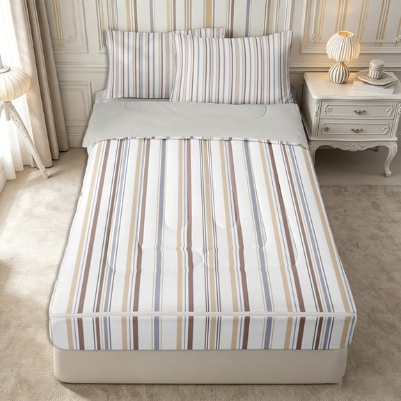 Castle Fairy Minimalist Vertical Stripe Zipper Twin Comforter Sets with Fitted Sheet and 2 Pillowcases,Geometric Thin Line Zipper Bedding Set,Beige Brown Gray,Reversible