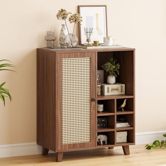 Coffee Bar Cabinet with Wine Racks, Fluted Texture Sideboard Cabinet, Modern Sideboard Buffet Cabinet for Kitchen Dining Room, Living Room, Walnut