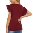 thumbnail image 4 of Mujer Top Volantes Manga Corta Cuello Redondo Color Puro Casual Señora Jersey Blusa para Citas Trabajo Diario Vino Rojo S, 4 of 6