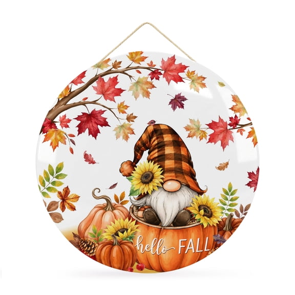 Welcome Sign Front Door Decorations, Hello Fall Round Wall Art Outdoor Metal Wreaths, Thanksgiving Pumpkins Gnomes Maple Branches Seasonal Hanging Sign for Home Porch Decor Warming Gift 12 In