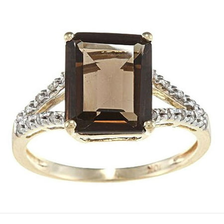 Quartz Elegant Ring - 10k Yellow Gold Emerald-Shape Smoky Quartz and Split-Shank Diamond Ring