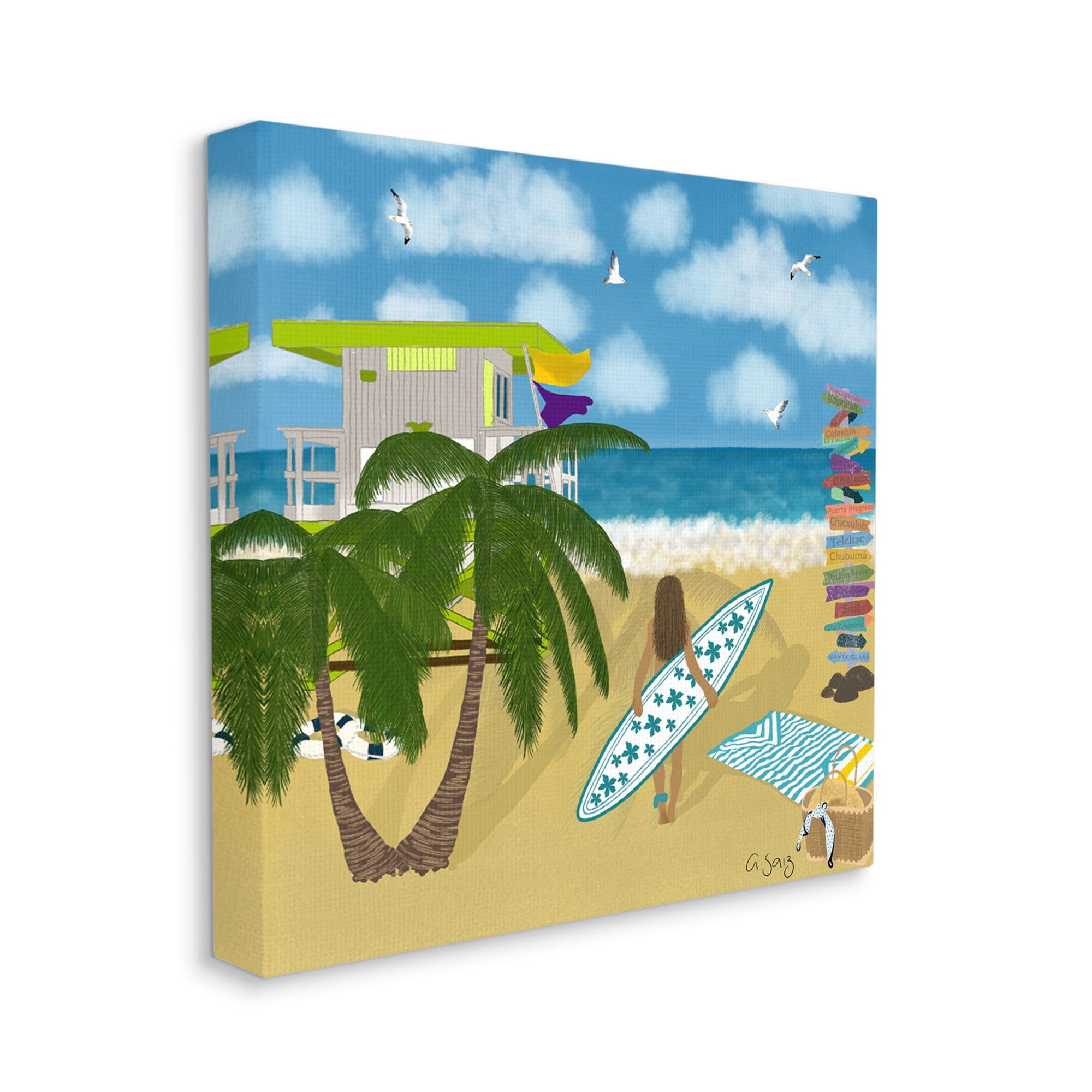Stupell Industries Surfer Girl Walking Tropical Beach Coastal Painting Gallery Wrapped Canvas Print Wall Art