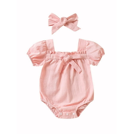 

Baby Girl 2Pcs Summer Outfits Short Sleeve Bow Knot Front Solid Color Romper with Headband Set