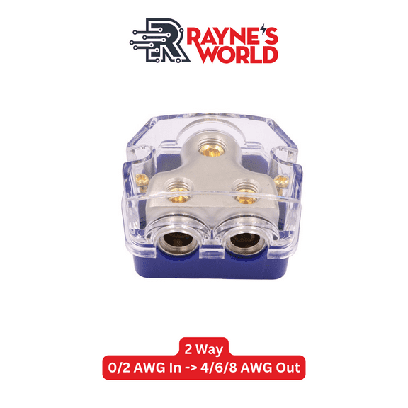 Rayne's World Blue 2 Way Power Distribution Block 0-4 AWG in 4-8 AWG Out for Wiring in Cars, Boats, Campers | For use with Ground or Power wires