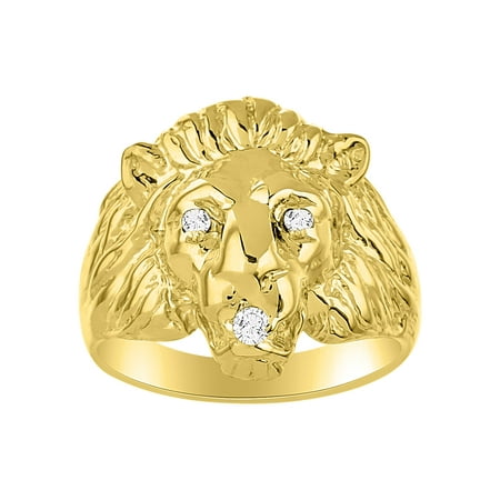 Lion Head Ring set with Genuine Diamonds in Mouth and Eyes set in Yellow Gold Plated Silver .925 SL-MR3118DY-12-F2