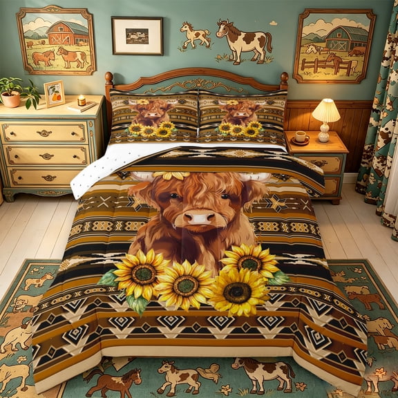 meiyoeat rustic Aztec Highland Cow Full Size Comforter Sets,Western Farm Print Bedding Comforter Set,Reversible,3-Piece,1 Comforter and 2 Pillowcases