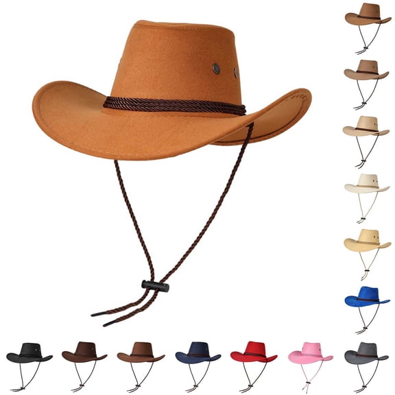 Vintage Western Cowboy Hat for Men Women - Wide Brim Cowgirl Fedora Hats with Braided Rope Band Travel Cap Western Hat Outdoor Sun Protect Gold M