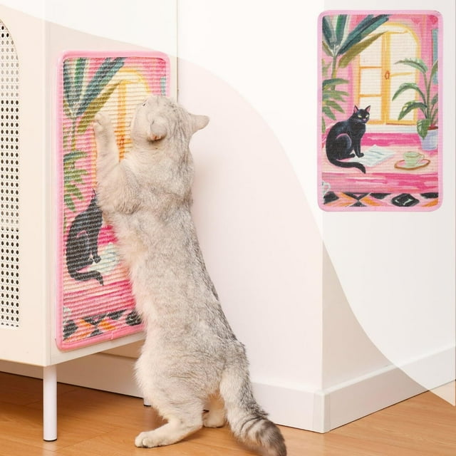 Rascador de Sisal para Gatos(para Pared, Sofá Y Alfombra) Superficie Resistente Al Desprendimiento, 55 X 33 Cm, Con Adhesivos de Aro Y Bucle, Almohadillas Y Pasadores Giratorios(Gato En Una H