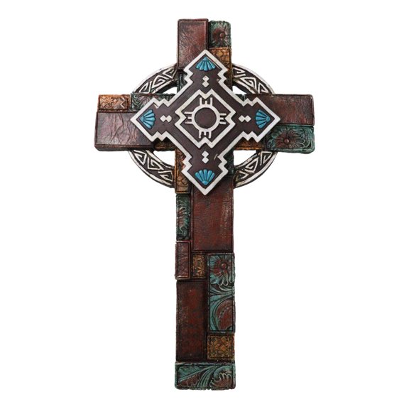 Southwestern Aztec Vector Wheel Trinity Turquoise Floral Faux Leather Wall Cross