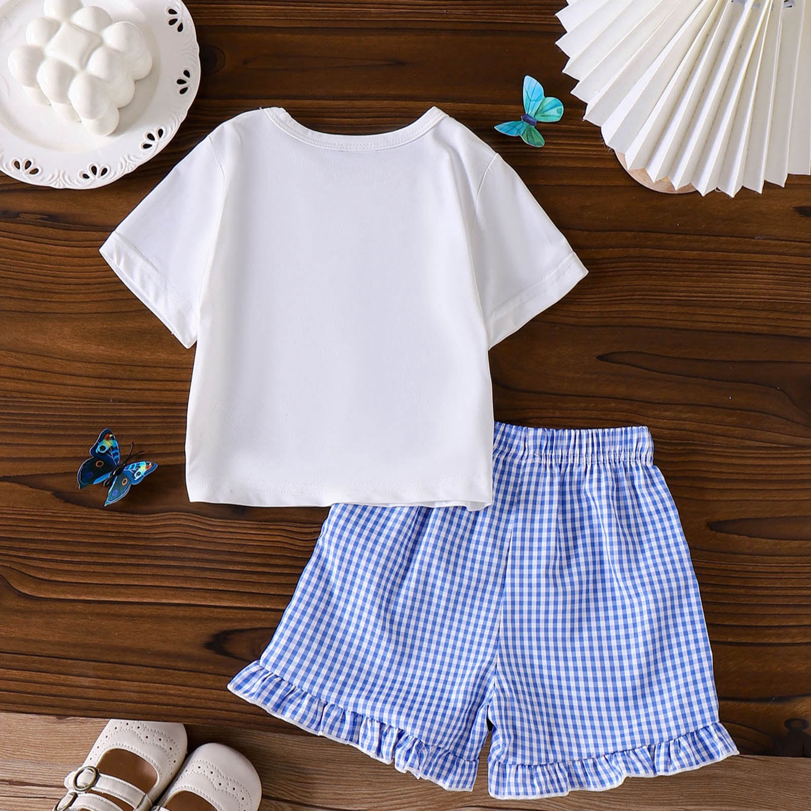 vigerkar Girl's Summer 2 Piece Outfits Bow Print Short Sleeve Fitted T Shirt Plaid Shorts Cute Clothes Set (White, 6-7 Years)