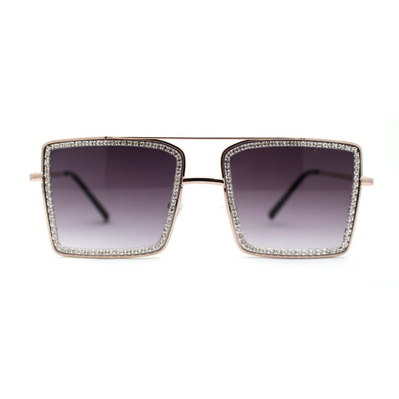 Womens Square Rhinestone Rectangle Jewel Metal Rim Diva Sunglasses Gold Smoke
