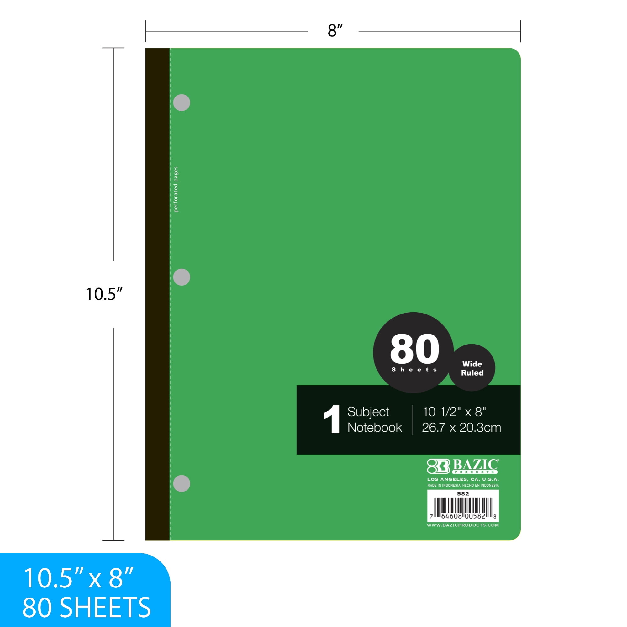 BAZIC Wide Ruled 1 Subject Notebooks 80 Sheets, Assorted Color, 6-Pack